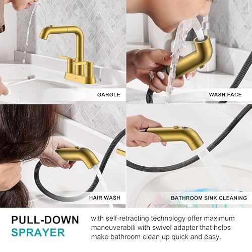 Pull Down Centerset Bathroom Faucet Brushed Gold 2 Handle 3 Hole | Pull Out Bathroom Faucet with Pop Up Drain & Supply Lines, Lead-Free cUPC & NSF Certified, 4 Inch Faucet for Vanity RV Sink - color: Brushed Gold