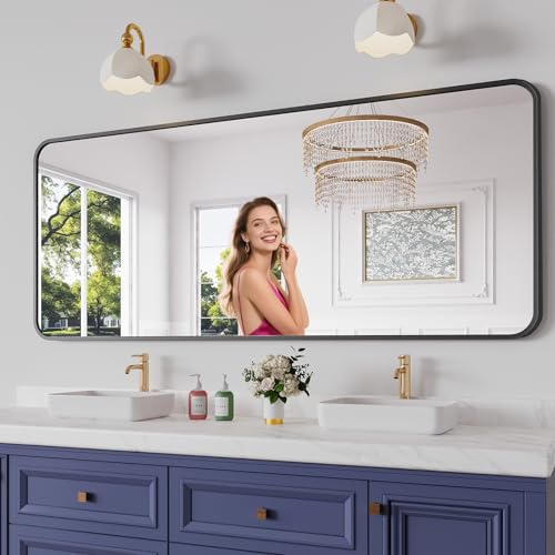 Koonmi Metal Framed Bathroom Mirror, 30"X71" Anti-Rust Bathroom Vanity Mirror, High-Definition Tempered Glass Bathroom Mirrors for Over Sink, Modern Decorative Wall Mirror for Restroom - color: Rounded Edged, size: 71"L x 30"W