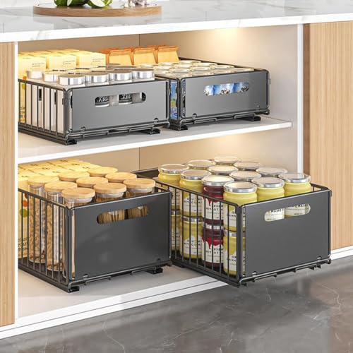Pull Out Cabinet Organizer, Slide Out Cabinet Organizer Heavy-Duty Carbon Steel Expandable Drawer Adjustable Sliding Shelf Under Sink Rack Shelf for Kitchen Pantry Bathroom Closet - color: black small 2pcs