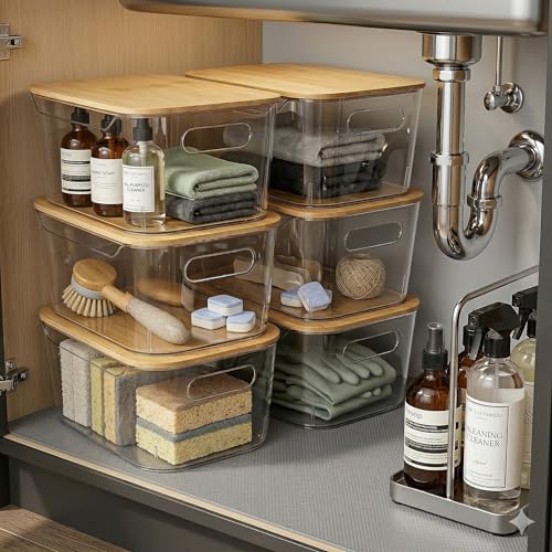 CiWiVOKi 6 Pack Clear Stackable Storage Bins with Bamboo Lids, 3.7L BPA-Free Plastic Organizer Containers with Handles, for Pantry, Kitchen, Fridge, Bathroom, Cabinet & Closet Organization - size: 6 Pack Storage Bins with Lids