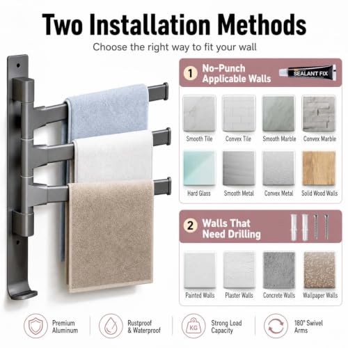 2-5 Arms Swivel Towel Rack Bath Towel Holder with Hook Swing Arm Towel Rack Wall Mount for Bathroom Kitchen-Grey 3Arm - color: Grey, size: 3-arm