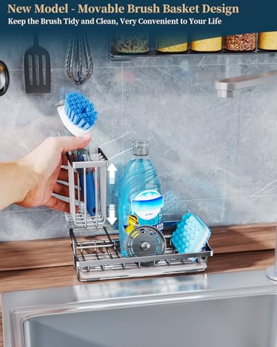 Consumest Sink Caddy, Kitchen Sponge Holder with Dish Brush Holder, Kitchen Organizer with Drip Tray for Countertop, Stainless Steel Rustproof - Silver - color: A-silver