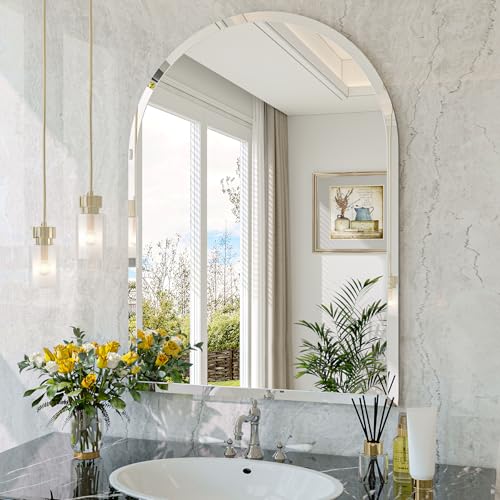 Frameless Bathroom Mirror, 24"x32" Beveled Arched Vanity Mirrors | Frameless, 15mm beveled edge, 5mm HD glass, shatterproof, anti-rust, french cleat, for bathroom/bedroom/entryway - size: 24"L x 32"W