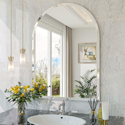 Frameless Bathroom Mirror, 24"x32" Beveled Arched Vanity Mirrors | Frameless, 15mm beveled edge, 5mm HD glass, shatterproof, anti-rust, french cleat, for bathroom/bedroom/entryway - size: 24"L x 32"W