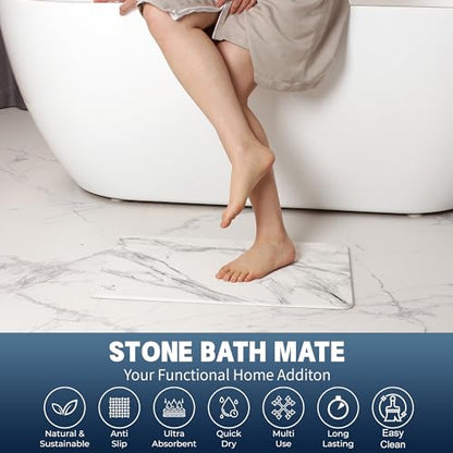 Stone Bath Mat,Diatomaceous Earth Shower Mat,Fast-Drying Stone Bathroom Floor Mat,Absorbent Non-Slip Diatomite Mats for Bathtub,White Marble - color: White Marble-24*16-1 Pack