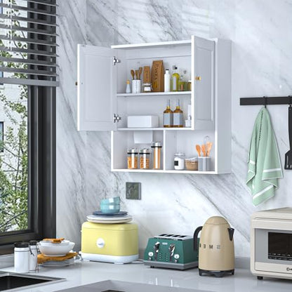 Bathroom Wall Cabinet, Medicine Cabinet with 2 Door and Adjustable Shelves,3-Tier Wood Hanging Storage Over The Toilet,White Wall Mounted Cabinet for Bathroom, Kitchen,Laundry Room