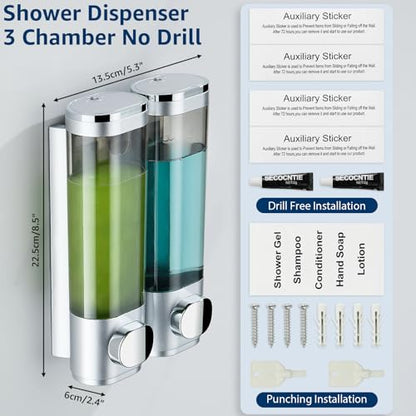 Pollock Shampoo and Conditioner Dispenser 2 Chamber No Drill | Shower Soap Pump Dispenser Wall Mounted,Body Wash Dispenser,Shower Gel Shampoo Holder for Bathroom Accessories, (Silver 2) - color: Silver 2