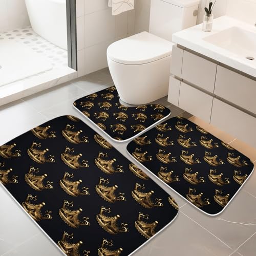 Western Vintage Luxury Rustic Bathroom Rugs and Mats Sets 3 Piece, Memory Foam Bath Mat, U-Shaped Contour Shower Mat Non Slip Absorbent, Velvet Washable 20 x 31 inch Black and Gold - color: Color20