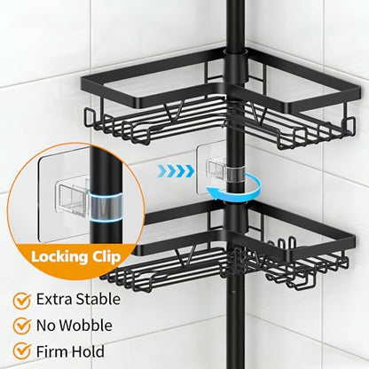 KEGII Black Shower Caddy Tension Pole with 2 Towel Bars, Adjustable Corner Bathroom Organizer, Rustproof Bathtub Storage Shelves for Shampoo, 25–114.2 Inch Shower Corner Rack for Renters & Family