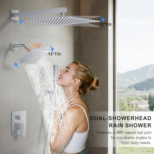 Rain Shower System 12" & 6" Dual Shower Heads, Wall Mount Shower Faucet Set | Ideal for bathroom remodels and upgrades with 12" rain shower, 6" angled shower, handheld spray and complete valve kit. - color: Polished Chrome, size: Wall Mounted - 12"+6" Sho