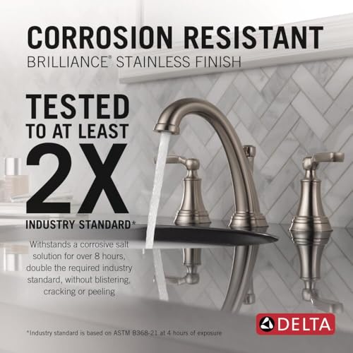 Delta Woodhurst Brushed Nickel Bathroom Faucet 3 Hole, 8 Inch Widespread Bathroom Sink Faucet for Vanity, Metal Push-Pop Drain Assembly, Stainless 3532LF-SS - color: Stainless