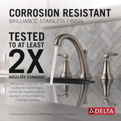 Delta Woodhurst Brushed Nickel Bathroom Faucet 3 Hole, 8 Inch Widespread Bathroom Sink Faucet for Vanity, Metal Push-Pop Drain Assembly, Stainless 3532LF-SS - color: Stainless