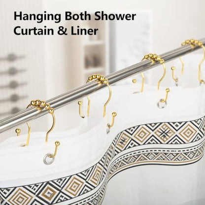 Resze Double Shower Curtain Hooks, Sturdy Metal Nickel Shower Curtain Rings, Glide Roller Shower Hooks,Rust Proof Anti-Drop Curtain Hooks, 12 Pcs Smooth Sliding Rings for Bathroom Shower Rods Curtains - color: Gold