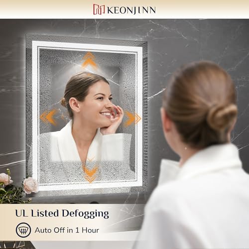 Keonjinn 30 x 36 Inch LED Bathroom Mirror with Lights, Frontlit & Backlit | Bluetooth Speaker, Bluetooth Mirror Bathroom, HD Tempered Glass, 3000K/4500K/6000K, Dimmable, Fast & Safe Defogging, CRI90+ - size: 36"L x 30"W
