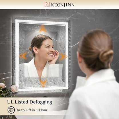 Keonjinn 30 x 36 Inch LED Bathroom Mirror with Lights, Frontlit & Backlit | Bluetooth Speaker, Bluetooth Mirror Bathroom, HD Tempered Glass, 3000K/4500K/6000K, Dimmable, Fast & Safe Defogging, CRI90+ - size: 36"L x 30"W
