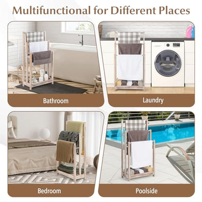 Giantex 3 Tier Free Standing Towel Rack with Storage Shelf, Light Brown | Wood Bath Towel Drying Stand, Blanket Holder for Living Room, Laundry, Bathroom, Poolside, 18" L x 9" W x 34" H - color: Light Brown