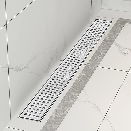 40 inch Linear Shower Drain Brushed Silver with Grate Removable | Square Hole Panel,AISI 304 Stainless Steel Fast Drainage Rectangle Hidden Shower Trench,Detachable Hair Catcher,Leveling Feet - color: Stainless Steel, size: 40 inch+No Base