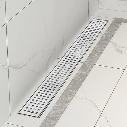 40 inch Linear Shower Drain Brushed Silver with Grate Removable | Square Hole Panel,AISI 304 Stainless Steel Fast Drainage Rectangle Hidden Shower Trench,Detachable Hair Catcher,Leveling Feet - color: Stainless Steel, size: 40 inch+No Base