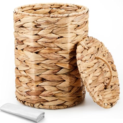 Ctosree 1.3 Gal Boho Wicker Trash Can with Lid,Natural | Small Woven Waste Basket with Lid Handle, 100 Bags Included, Boho Design for Bedroom Bathroom Office Laundry - color: Natural, style: Round