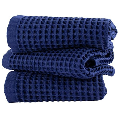 PÜSKÜL Natural 100% Turkish Cotton Waffle Hand and Kitchen Towels Set of 3 | Navy Blue, Large 32x16 inc, Honeycomb-Waffle weave towel for bathroom & kitchen. Premium quality oeko-tex made in Turkey. - color: Navy Blue, size: Kitchen & Hand Towels Pack of
