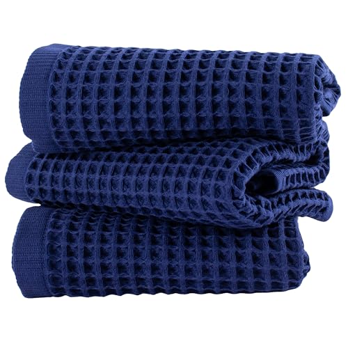 PÜSKÜL Natural 100% Turkish Cotton Waffle Kitchen and Hand Towels, 3-Piece | Navy Blue, 32x16" Large, Premium 3D Honeycomb Weave Soft Absorbent Quick-Dry Lint-Free Dish Towel, Oeko-Tex Made in Turkey - color: Navy Blue, size: Kitchen & Hand Towels Pack of