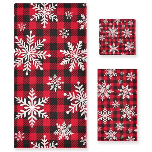 ALAZA Towel Bathroom Sets,Snowflakes Red Black Buffalo Plaid Towels 3-Piece 1 Bath Towel 1 Washcloth 1 Hand Towel,Bath Towel Set of 3 Soft Multifuntion for Home Kitchen Hotel Gym Swim Spa - color: Multi08