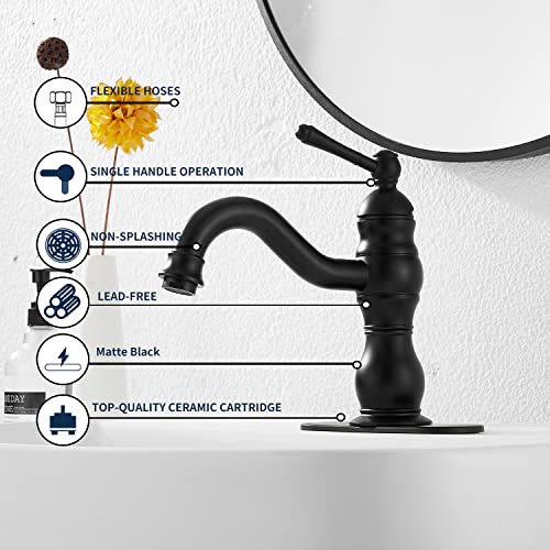 Matte Black Bathroom Faucet GGStudy 360° Swivel Bathroom Vanity Faucet Single Handle One Hole Black Bathroom Sink Faucet Basin Matching Pop Up Drain with Overflow - color: Black, size: Short