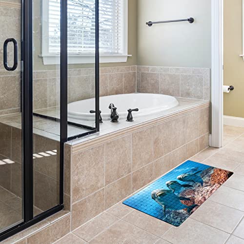 Bath Tub Mat Non Slip Shower Mat Three Dolphins Swiming in The Sea Extra Long Bathtub Mat 26.8x15 inches Bathroom Bath Mat with Suction Cups Drain Holes Machine Washable - color: Three Dolphins Swiming in the Sea