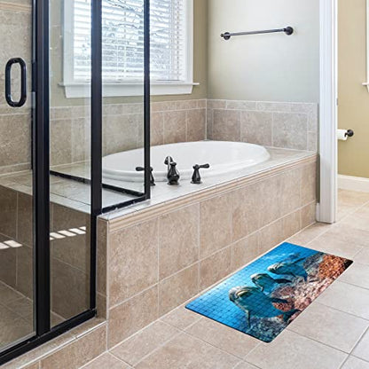 Bath Tub Mat Non Slip Shower Mat Three Dolphins Swiming in The Sea Extra Long Bathtub Mat 26.8x15 inches Bathroom Bath Mat with Suction Cups Drain Holes Machine Washable - color: Three Dolphins Swiming in the Sea