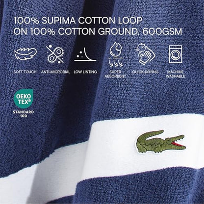 Lacoste Sport Stripe 6-Piece Luxury Cotton Towel Set – Made with 100% Soft Supima Cotton, Absorbent & Quick-Drying, Includes 2 Bath Towels, 2 Hand Towels, 2 Washcloths, Navy - color: Navy