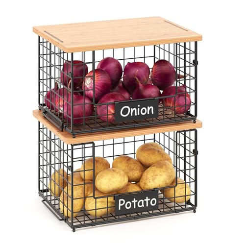 2-Pack Stackable Wire Baskets with 2 Pads & Bamboo Top, Pantry Organizer | Potato and Onion Storage Bin with Labels, Organize Produce/Fruit/Vegetable on Kitchen Counter, Cabinet or Under Sink, XL - size: XL-17.28x13.15x8.43