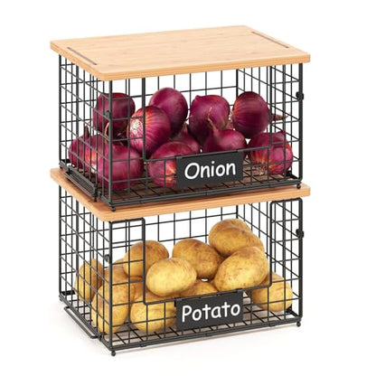2-Pack Stackable Wire Baskets with 2 Pads & Bamboo Top, Pantry Organizer | Potato and Onion Storage Bin with Labels, Organize Produce/Fruit/Vegetable on Kitchen Counter, Cabinet or Under Sink, XL - size: XL-17.28x13.15x8.43