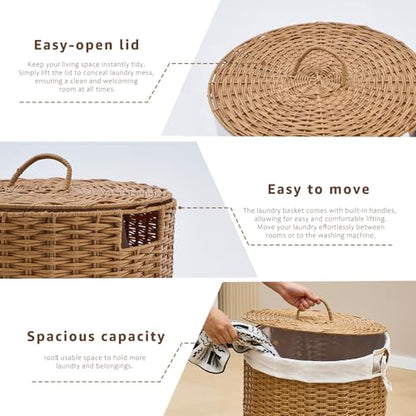 Round Wicker Laundry Hamper with Lid Handwoven Rattan Basket with Handles for Dirty Clothes, 2 Washable Liner Bags, No Assembly Required, Washable Basket, 40L - color: Rattan, size: 40L