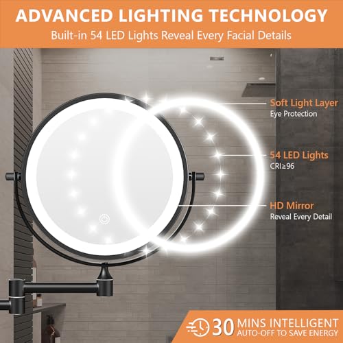 Auxmir 1X/30X Wall Mounted Makeup Mirror, 8" Rechargeable Magnifying Mirror | double-sided button, 3200mAh, 3 dimmable colors, 360° rotation, extended arm, 30X magnification, bathroom, black - color: 8'' 30x-black