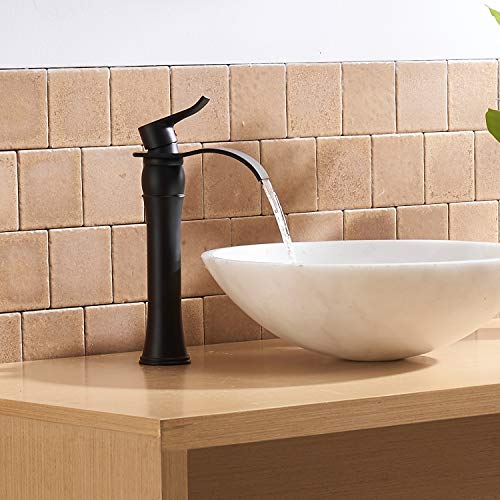 BWE Matte Black Bathroom Vessel Sink Faucet 1 Hole, Modern & Farmhouse | Single Handle, Wide Waterfall Spout, Ceramic Cartridge, Solid Brass Body, Pop-Up Drain & Water Line Included, Easy Install - color: Black