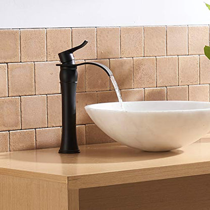 BWE Matte Black Bathroom Vessel Sink Faucet 1 Hole, Modern & Farmhouse | Single Handle, Wide Waterfall Spout, Ceramic Cartridge, Solid Brass Body, Pop-Up Drain & Water Line Included, Easy Install - color: Black