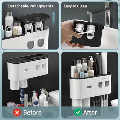 Toothbrush Holders Wall Mounted, Toothbrush Holder with Automatic Toothpaste Dispensers, 6 Brush Slots, 2 Magnetic Cups,1 Cosmetic Drawer Organizer and 1 Large Storage Tray - size: Black 2 Cups
