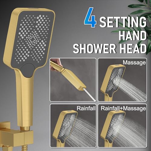 Iriber Thermostatic Shower System with Adjustable Water Flow Push Button Diverter, Square Dual Shower Heads Faucet Set with Handheld Spray, Brushed Gold Shower Mixer Valve Trim Kit (Valve Included) - color: Brushed Gold 05