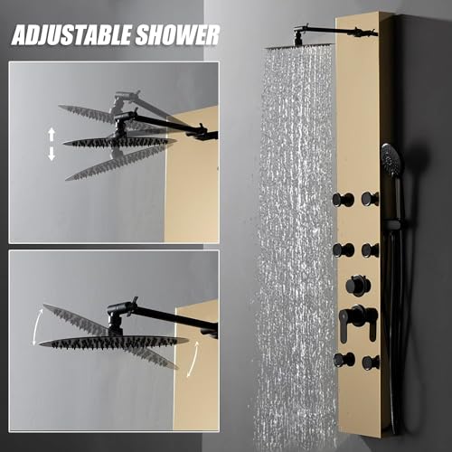 Gold Shower Panel Shower Tower System Adjustable Shower Head Round,Stainless Steel with 6 Body Jets Massage, 3 IN 1 Bathroom Shower Wall Mount, Brushed Gold and Black - color: Gold with Black
