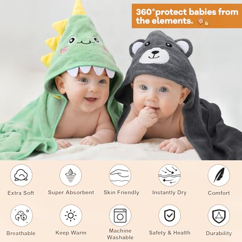 12 PCS Baby Bath Towels Set, Baby Towels for Newborn Bath Essentials | Ultra Soft Cozy, Thick & Absorbent, Cute Animal Hooded, 4 PCS Baby Towels & 8 PCS Washcloths, for Infants, Toddlers Boy Girl