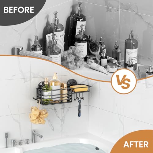 Suction Cup Shower Caddy, Bathroom Shelf With Hook & Soap Holder | Black Shower Caddies, Soap Holder, No Drill Bathroom Caddy, Heavy Duty Shower Organizer, Removable Bathroom Shelf - color: 1 X Black