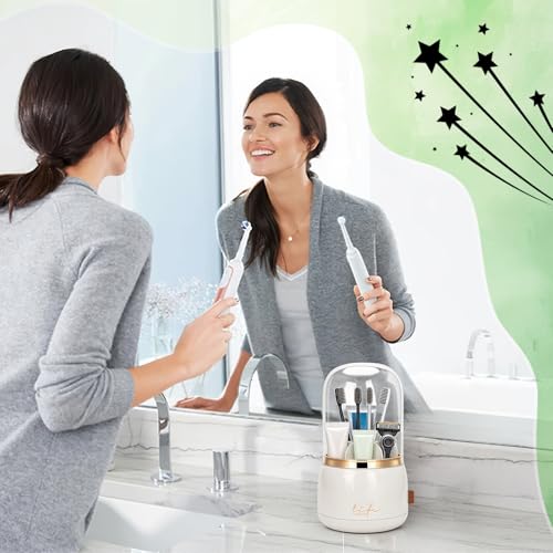 360 Rotating Toothbrush Holders for Bathrooms, 7-Slot Toothbrush Holder with Cover & Drainage, Bathroom Countertop Organizer for Electric Toothbrushes, Toothpaste & Makeup Brushes - color: Beige