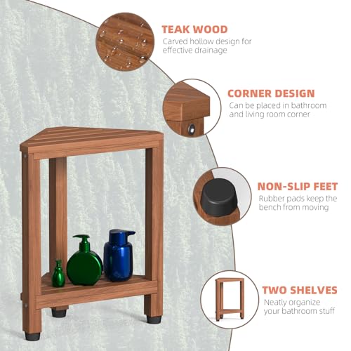 Samplife 17" Teak Corner Shower Stool for Shaving Legs, Space-Saving Shower Foot Rest with Storage Shelf, Water-Resistant Corner Bench for Inside Shower & Small Bathrooms
