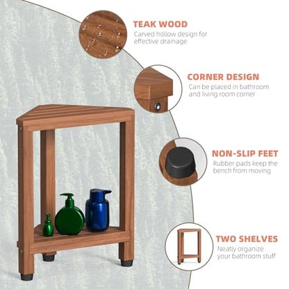 Samplife 17" Teak Corner Shower Stool for Shaving Legs, Space-Saving Shower Foot Rest with Storage Shelf, Water-Resistant Corner Bench for Inside Shower & Small Bathrooms