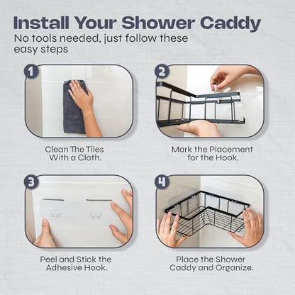Corner Shower Caddy Organizer - Rustproof Stainless Steel Bathroom Shelves for Inside Shower Storage - Heavy Duty Corner Rack with Shampoo Holder - Silver Adhesive Shelf
