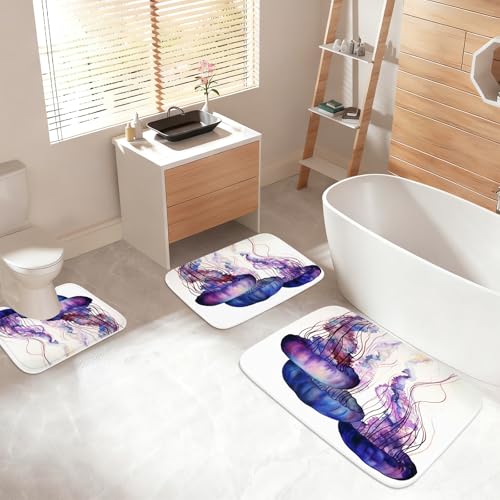 Bathroom Mat Set Ocean Nautical Tropical Modern Aesthetic Pretty Bathroom Rugs Sets 3 Piece Jellyfish, Memory Foam Bath Rugs, U-Shaped Toilet Rug Non Slip Absorbent Purple White - color: Color19