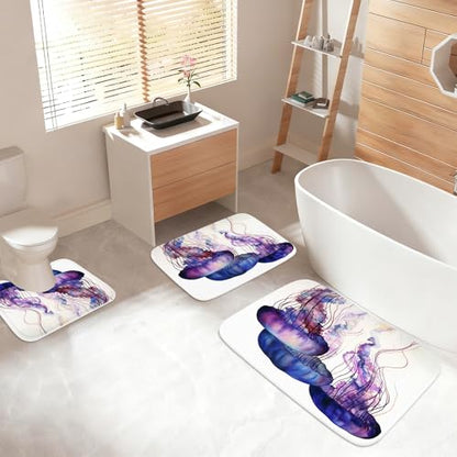 Bathroom Mat Set Ocean Nautical Tropical Modern Aesthetic Pretty Bathroom Rugs Sets 3 Piece Jellyfish, Memory Foam Bath Rugs, U-Shaped Toilet Rug Non Slip Absorbent Purple White - color: Color19