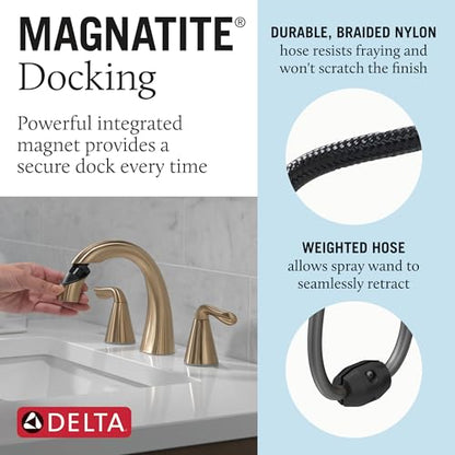 Delta Arvo Brushed Gold Bathroom Faucet with Sprayer, 8 Inch 3 Hole Widespread Bathroom Sink Faucet with Pull Out Sprayer, Push-Pop Drain, Champagne Bronze 35840LF-CZPD - color: Champagne Bronze