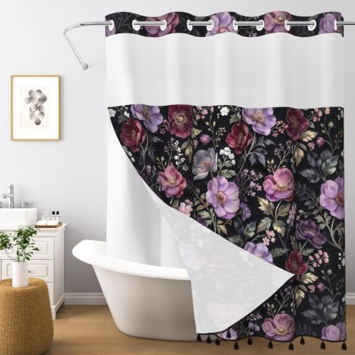 Moody Floral Shower Curtain with Snap in Liner & Tassels, 71Wx77L | No Hook Needed, Double Layer Waterproof Fabric with Mesh Top, Dark Botanical Flower Design for Modern Bohemian Style Bathroom - color: Noble Flowers