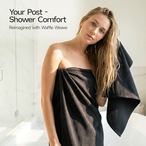 REDKISS Quick Dry Waffle Towel Set of 8, 100% Cotton,Lightweight & Highly Absorbent Waffle Towels for Bathroom, Spa, Gym, Pool-2 Bath Towels, 2 Hand Towels & 4 Washcloths,Black - color: Black